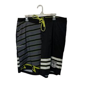 Dixxon Board Shorts Mens 38 Black Gray Yellow Striped Swim Trunks Bathing Suit